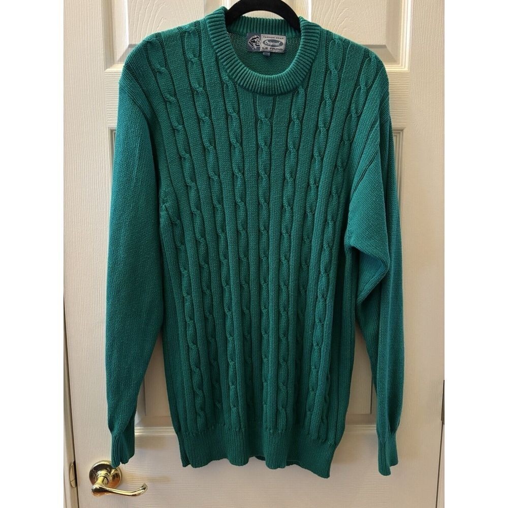 Vintage Men's Le Frog Kelly Green Crew Cable Knit LongsleevePullover Sweater XL‎